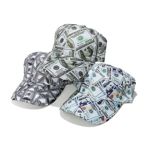 Geld Print Honkbalpet Polyester Gebogen Rand Verstelbaar Hip Hop Streetwear Hoed Voor Heren Dames