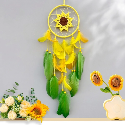 Acchiappasogni Girasole Fatto A Mano Cotone Uncinetto Con Piume Gialle Verdi Decorazione Da Parete Boho Per Cameretta