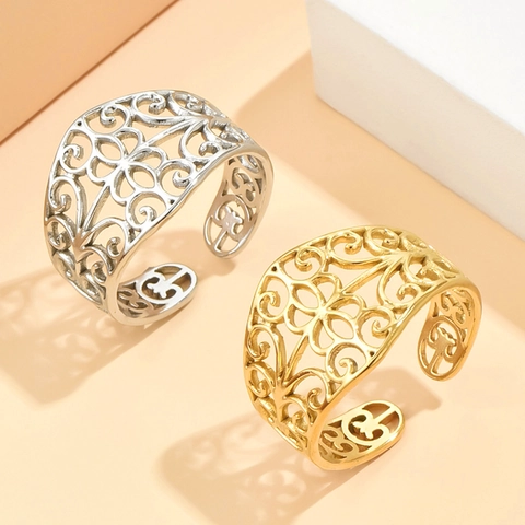 Hollow Filigree Pattern Open Ring Stainless Steel Gold Plated Retro Palace Style Elegant Adjustable Jewelry For Women