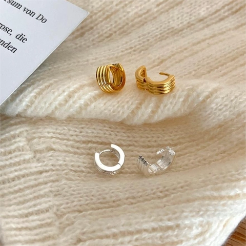 925 Sterling Silver Hoop Earrings Ribbed Striped Multi Line Geometric Minimalist Korean Style Jewelry For Women