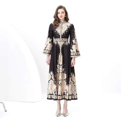 Vestito Maxi Stile Corte Vintage Manica Lunga Collo Alto Stampa Paisley Poliestere Linea A Elegante Bohemien Etnico