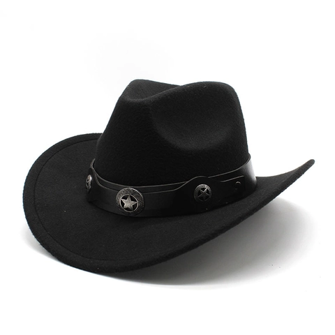 Western Cowboy Hat Woolen Felt Wide Brim With Leather Band Metal Star Conchos Retro Outdoor Travel Fedora Men Women