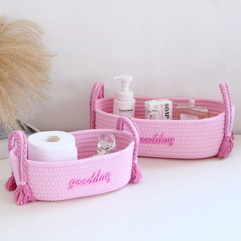 Panier De Rangement Tissé En Corde De Coton Organisateur De Bureau Avec Poignées À Gland Décor Brodé Style Nordique