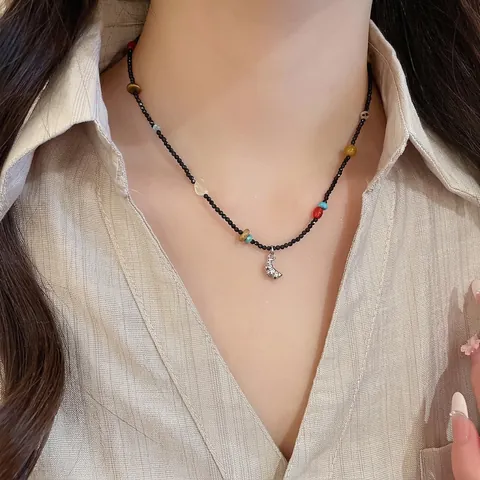 Collana Di Perline Fatta A Mano Con Perle In Pietra Naturale E Vetro E Pendente In Metallo Argentato Stile Vintage Boho Per Donna