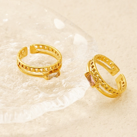 Doppelreihiger Hohlkettenring Edelstahl 18K Vergoldet Rechteckiger Zirkon Verstellbar Offen Vintage Modeschmuck