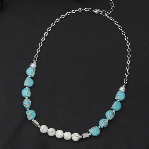 Collana Con Perline Di Teschio Acciaio Al Titanio Turchese Pietra Marmo Bianco Gotico Hip Hop Punk Streetwear Gioielli Unisex