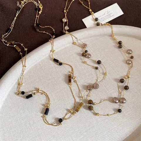 Collier Long Rétro Pierre Oeil De Tigre Multi Rangs Chaîne De Pull Dorée Pour Femmes Style Quotidien Polyvalent
