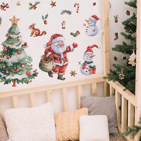 Kerst Muurstickers Kerstman Sneeuwpop Boom Aquarel PVC Voor Slaapkamer Woonkamer Feestelijke Vakantie Decoratie