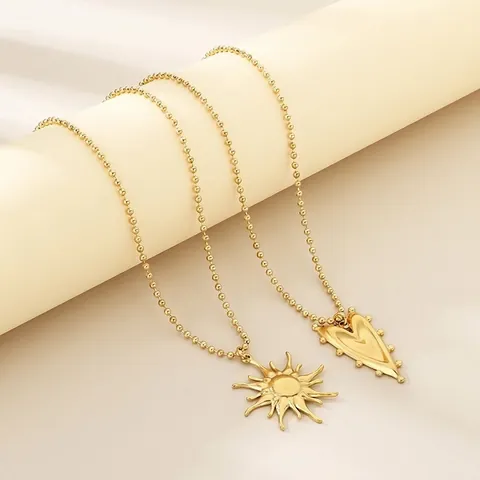 Collier À Pendentif En Acier Inoxydable Forme De Cœur Soleil Chaîne À Billes Bijoux Chic Femmes Plaqué Or