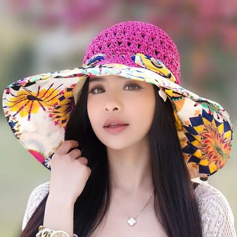 Women Wide Brim Sun Hat Bohemian Floral Printed Fabric Breathable Manual Crochet Straw Beach Travel Vacation Summer Hats