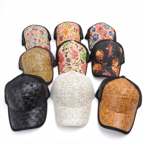 Floral Print Straw Woven Mesh Trucker Hat Breathable Summer Sun Protection Adjustable Snapback Baseball Cap For Women Men