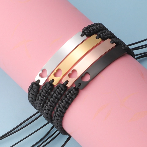 Braided Rope Bracelet Stainless Steel Curved Bar Hollow Heart Minimalist Adjustable Couple Jewelry