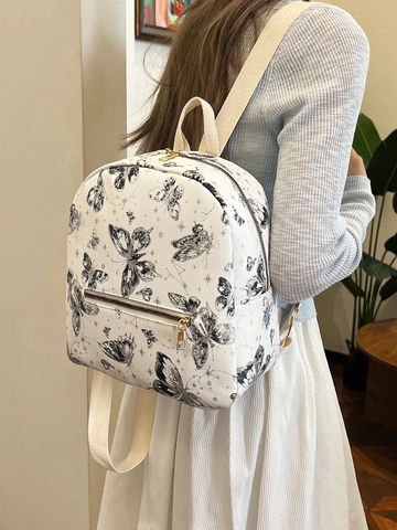 Butterfly Print Women Fashion Backpack PU Leather Star Constellation Pattern Gold Zipper Small Casual Travel Bag