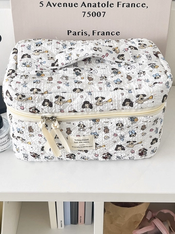 Schattige Gewatteerde Make Up Tas Met Hond Print Grote Capaciteit Draagbare Polyester Cosmetische Organizer Toilettas