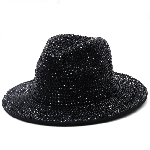 Rhinestone Fedora Hat Wide Brim Sparkly Crystal Jazz Cap Stage Party Performance For Women Men