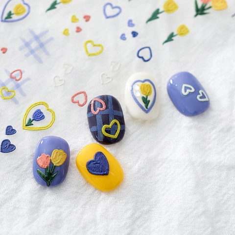 5D Embossed Nail Stickers Japanese Style 3D Relief Tulip Heart Plaid Matte Translucent Self Adhesive Manicure Art Decals