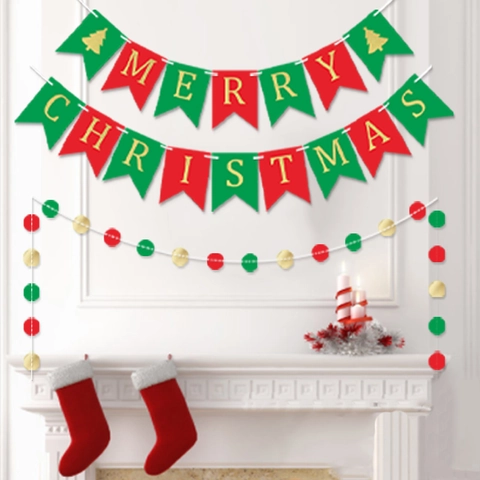 Kerstbanner Merry Christmas Letter Bunting Papier Swallowtail Vlag Rood Groen Goud Ronde Stippen String Party Decoratie