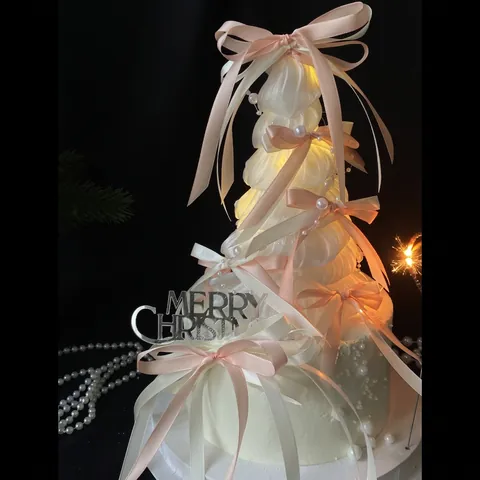 Christmas Tree Cake Topper With LED Light Ribbon Bows Artificial Pearls Merry Christmas Sign Handmade Festive Party Decoration