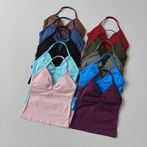Reggiseno Sportivo Allacciato Al Collo Senza Cuciture Donna Top Yoga A Costine Scollo A V Arricciato Con Imbottiture Nylon Spandex