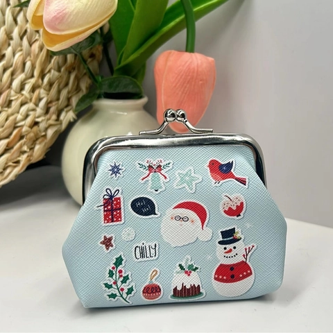 Christmas Mini Coin Purse PU Leather Metal Kiss Lock Cartoon Santa Cat Print Holiday Gift Storage Pouch