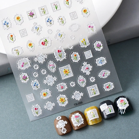 Pegatinas De Uñas En Relieve 5D Diseño De Encaje Floral Estereoscópico 3D Impermeables Calcomanías Manicura Estilo Francés