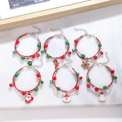 Bracelet De Noël Breloques En Alliage Émaillé Père Noël Élan Bonhomme De Neige Flocon Tressé Cordon Bijoux Réglables