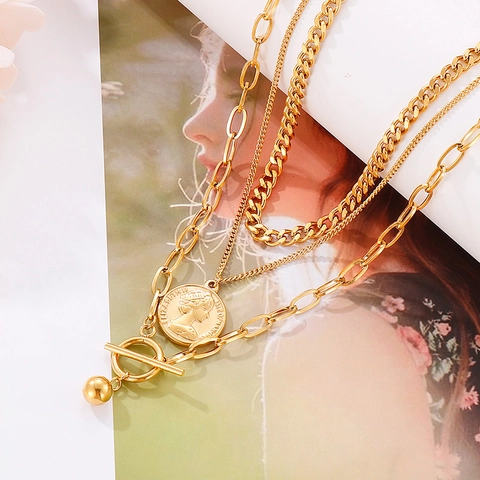 Mehrlagige Halskette Edelstahl Münze Porträt Anhänger Vintage Knebelverschluss Kette Schmuck Für Damen