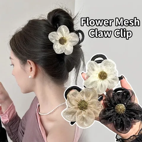 Mesh Flower Hair Claw Clip With Rhinestones And Imitation Artificial Pearl Elegant Korean Style Shark Clip For Women Accessories