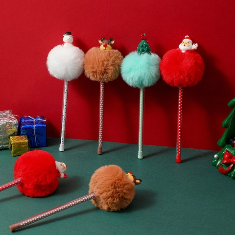 Christmas Ballpoint Pens Creative Plush Pom Pom Cartoon Santa Snowman Reindeer Student Stationery Holiday Gift Novelty