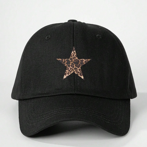 Leopard Print Star Patch Baseball Cap For Women Adjustable Polyester Canvas Curved Brim Casual Fashion Sun Hat