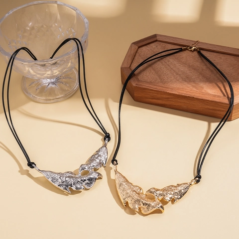 Leaf Pendant Necklace With Layered Feather Design Alloy Metal Brushed Texture Black Leather Cord Bohemian Ethnic Style Women
