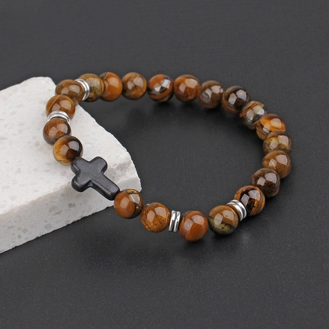 Bracciale Perline Ciondolo Croce Pietra Lavica Naturale Occhio Di Tigre Turchese Bianco Elastico Yoga Gioielli Unisex