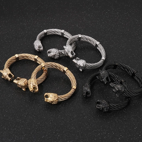 Punk Lion And Wolf Head Stainless Steel Cable Cuff Bracelet For Men Hip Hop Gothic Bangle