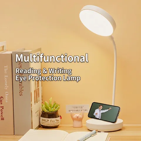 LED Desk Lamp Eye Protection Flexible Neck Touch Control Dimming Phone Holder Rechargeable Reading Light For Study Bedroom