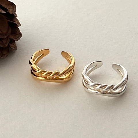 Twisted Rope Double Layer Ring 925 Sterling Silver Hollow Design Adjustable Opening Minimalist Vintage Jewelry For Women