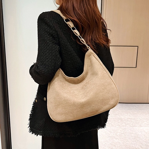 Borsa Hobo Donna PU Smerigliato Camoscio Sottobraccio Mezzaluna Grande Capacità Con Catena Retro Casual Borsa A Spalla