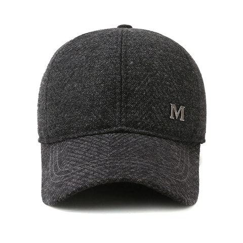 Men Winter Baseball Cap Thickened Ear Protection Warm Outdoor Windproof Textured Wool Blend Metal M Logo Middle-Aged