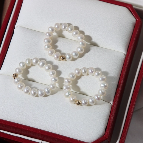 Handmade Beaded Finger Ring With Natural Freshwater Pearls And 14K Gold Filled Bead Elastic Stretch Minimalist For Women