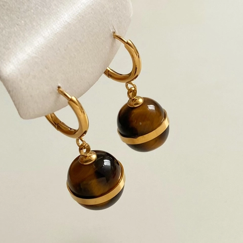 Stainless Steel Hoop Earrings With Natural Tiger Eye Stone Ball Pendant Retro Elegant Geometric Jewelry For Women