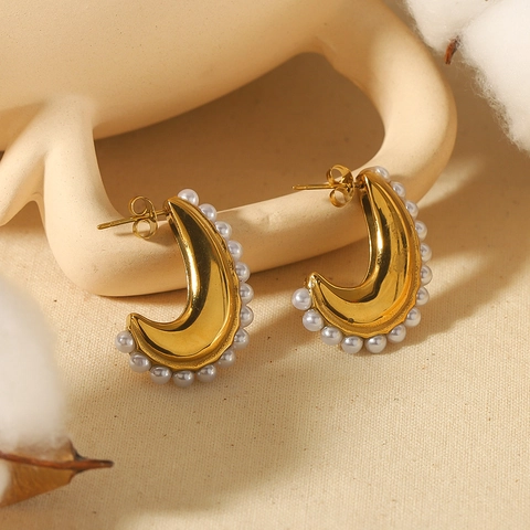 Boucles D'oreilles Créoles Vintage Pour Femmes Acier Inoxydable Plaqué Or 18K Avec Künstliche Perles D'imitation Bijoux