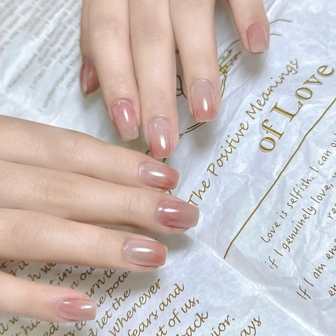 Press On Nagels Nude Rose Ombre Glanzend Ijs Transparant Glinsterend Kattenoog Kort Vierkant Rond Kunstnagels Voor Vrouwen