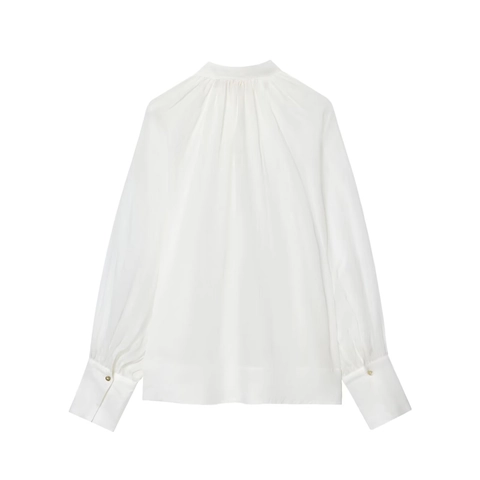 Damen Bluse Hemd Langarm Stehkragen Schluppenkragen Plissiert Laternenärmel Minimalistisch Elegant Atmungsaktiv Weiß