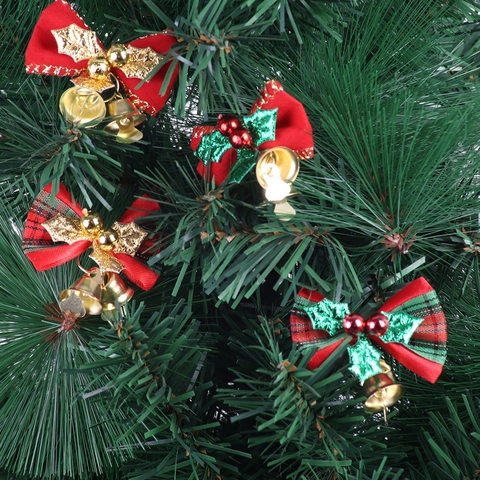Mini Weihnachts Schleifen Ornamente Mit Goldenen Glocken Grünen Blättern Karo Samt Schleife Für Weihnachtsbaum Deko Party Geschenk