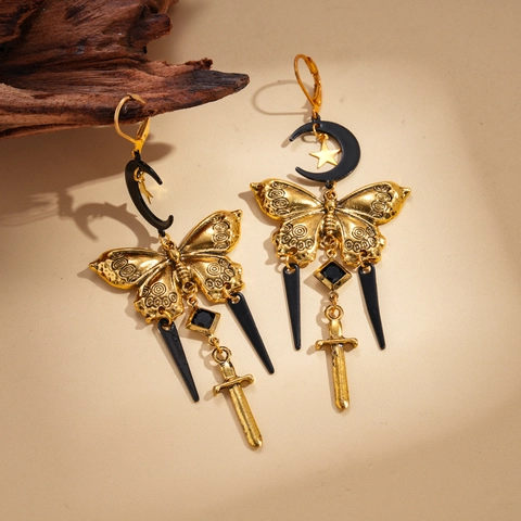 Alloy Dangle Ohrringe Schmetterling Mond Stern Schwert Gothic Retro Schmuck Für Frauen Gold Schwarz