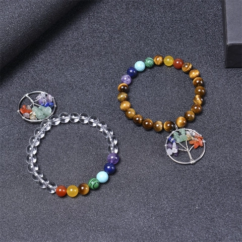 Natural Stone Beaded Bracelet Tree Of Life Wire Wrapped Pendant Chakra Healing Energy Elastic Rope Yoga Women Men