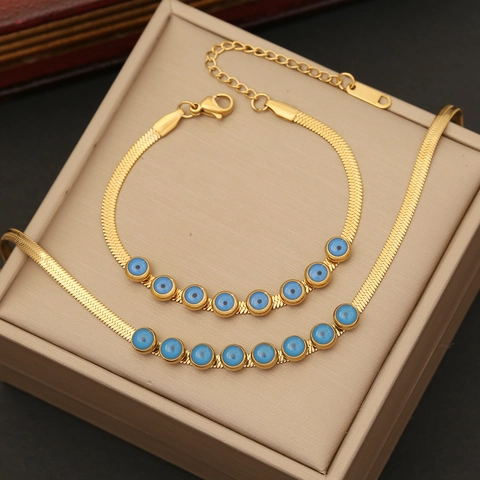 Set Di Gioielli In Acciaio Inossidabile Con Collana Bracciale Orecchini Malocchio Catena Dorata Ciondoli In Smalto Donna