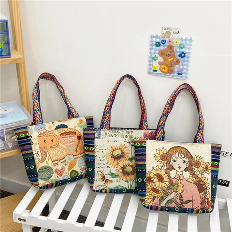 Borsa A Mano Etnica Da Donna Ricamo Retrò Tela Cotone Lino Borsa Tote Fiore Elefante Grande Capacità Borsa A Spalla