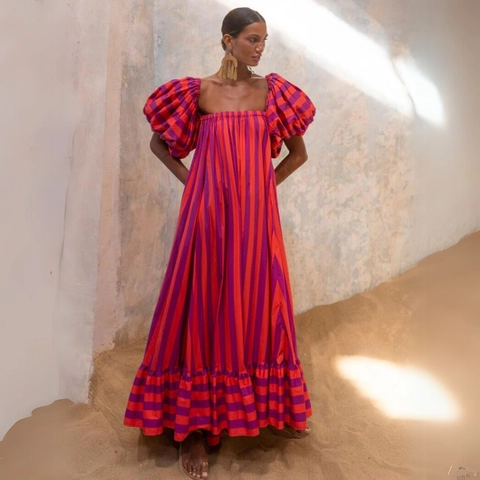 Abito Maxi A Righe Da Donna Maniche A Sbuffo Oversize Spalle Scoperte Poliestere Scollo Quadrato Orlo A Volant Spiaggia