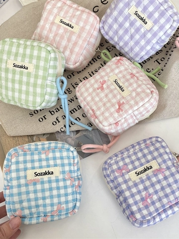 Quilted Checkered Mini Cosmetic Bag Portable Zipper Makeup Organizer Pouch Cotton Fabric Coin Purse Earphone Storage Case