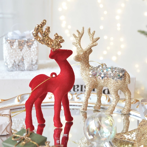 Christmas Reindeer Ornaments Red Flocked Glitter Sequin Standing Deer Figurine Hanging Decoration For Xmas Tree Home
